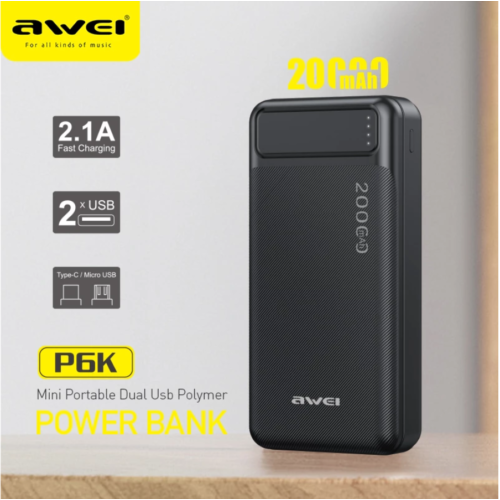  Power Bank P6K 20000mAh Μαύρο 2 θύρες USB-A