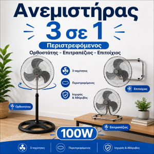Ανεμιστήρας 3 σε 1 Περιστρεφόμενος 100W Ορθοστάτης-Επιτραπέζιος-Επιτοίχιος 