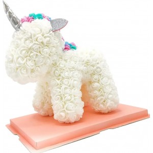 Αρκουδάκι Μονόκερος από Τεχνητά Τριαντάφυλλα 32x32cm Λευκό