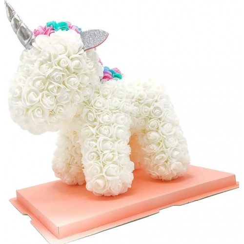 Αρκουδάκι Μονόκερος από Τεχνητά Τριαντάφυλλα 32x32cm Λευκό