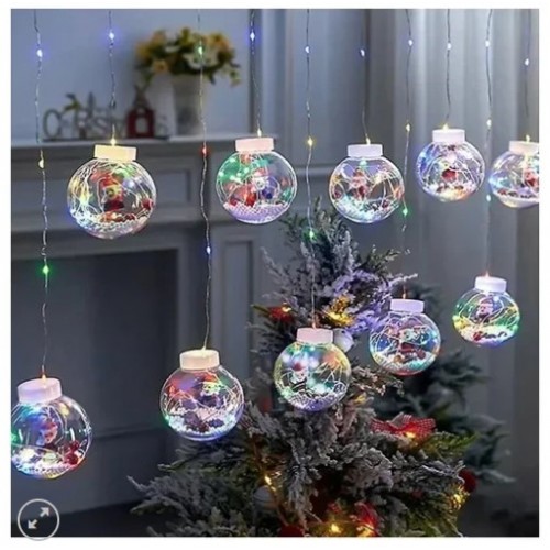Χριστουγεννιάτικα Πολύχρωμα Φωτάκια Κουρτίνα 10led Άγ.Βασίλης Διάφανες Μπάλες  