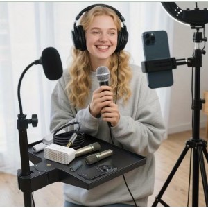 Επαγγελματική Ρυθμιζόμενη Βάση DJ με Ράφι για Laptop, Κονσόλα & Μικρόφωνο